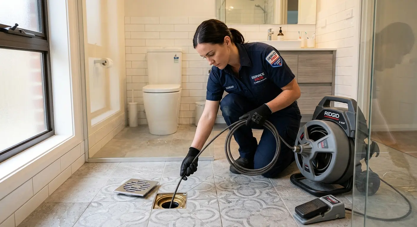 Technician clearing a bathroom floor drain for Sewer Line Replacement in Inwood